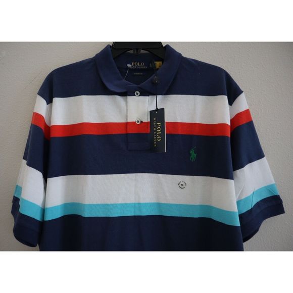 Polo Ralph Lauren Men's Sz XL Blue Multi Striped Classic Fit Mesh Polo Shirt - Picture 3 of 12
